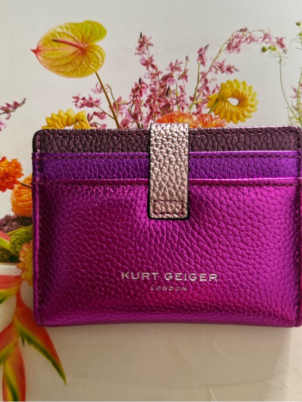 Kurt Geiger Metallic Fuchsia Leather Card Wallet with Gold Strap - Picture 12 of 15